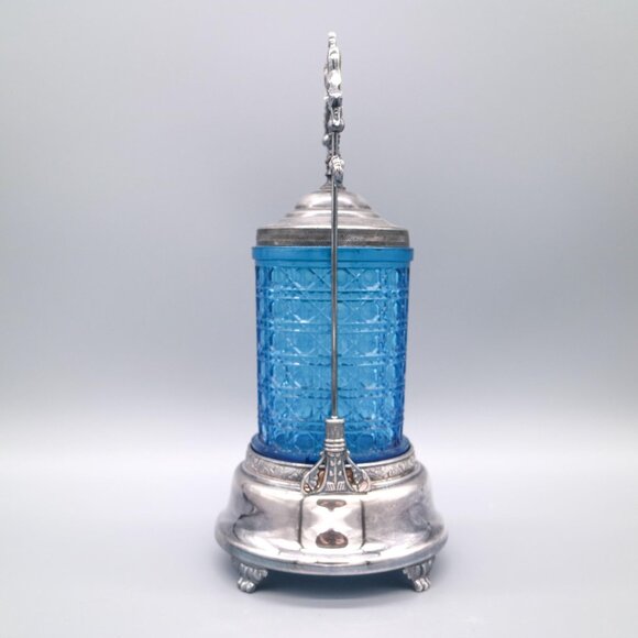 Antique Victorian Fancy Ornate Pickle Castor Blue Glass Meriden Pickle Cruet - Picture 2 of 8